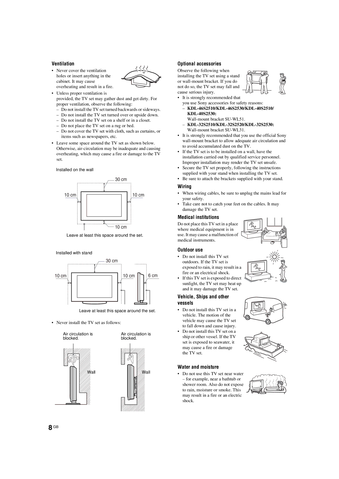 Sony KDL-46S2510 manual Ventilation, Optional accessories, Wiring, Medical institutions, Outdoor use, Water and moisture 