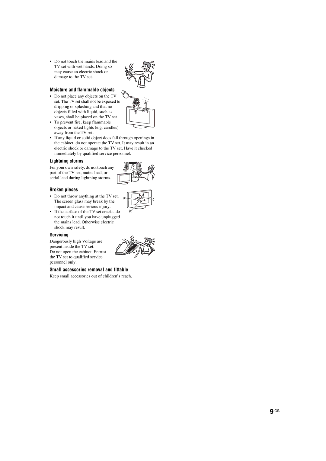 Sony KDL-46S2530, KDL-40S2510, KDL-46S2510 manual Moisture and flammable objects, Lightning storms, Broken pieces, Servicing 