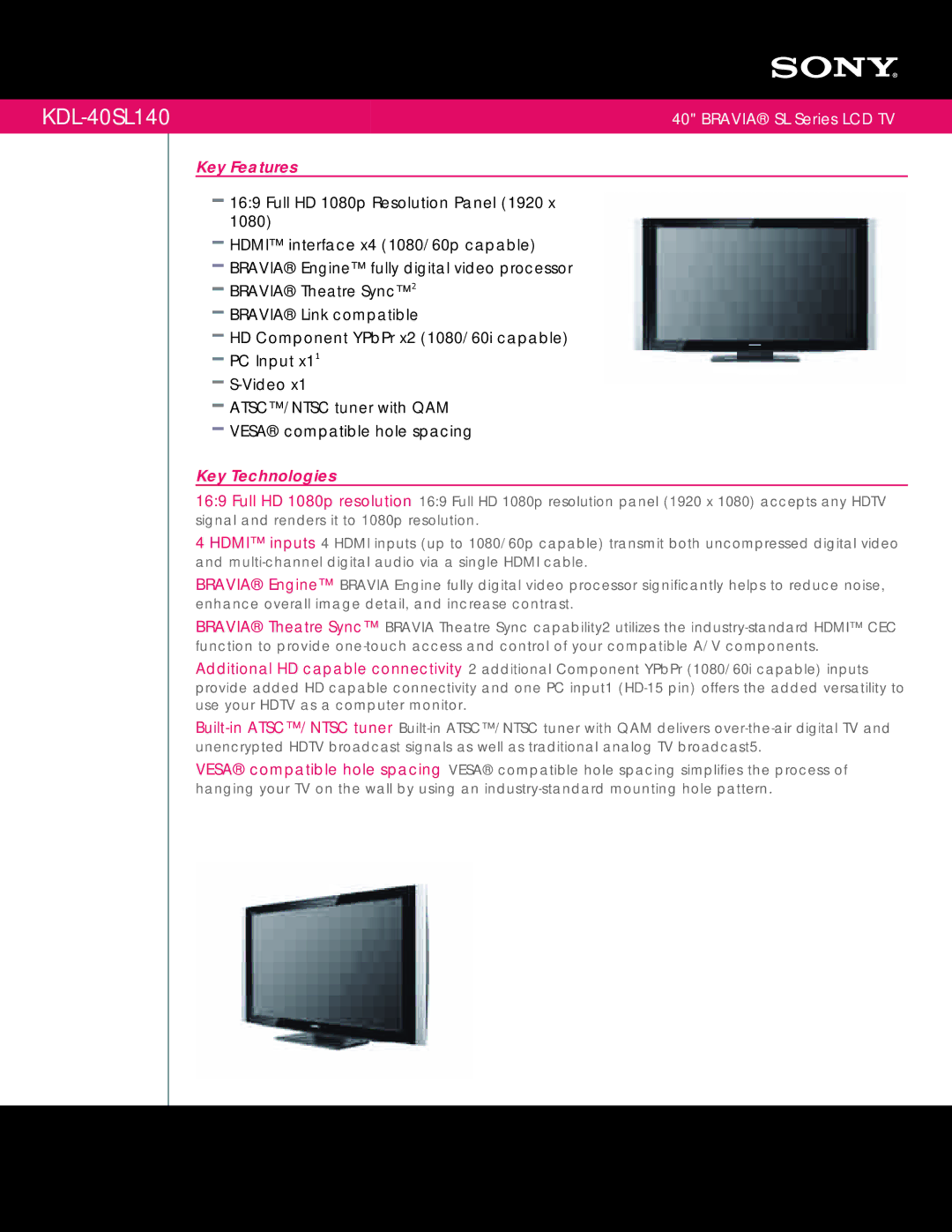 Sony KDL-40SL140 manual Key Features, Key Technologies 