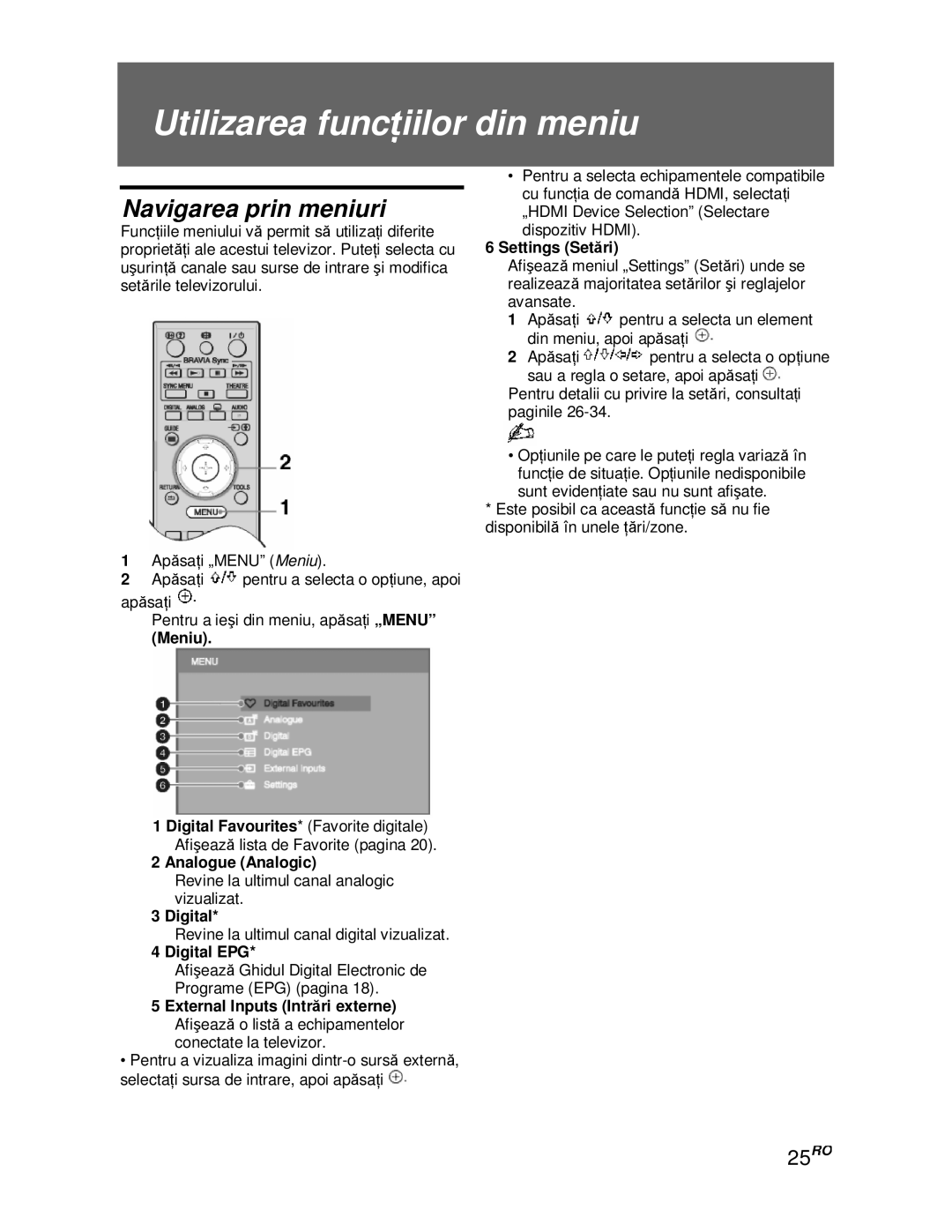 Sony KDL-52V4000/52V42xx, KDL-40V4000/40V42xx manual Utilizarea funciilor din meniu, Navigarea prin meniuri, 25RO 