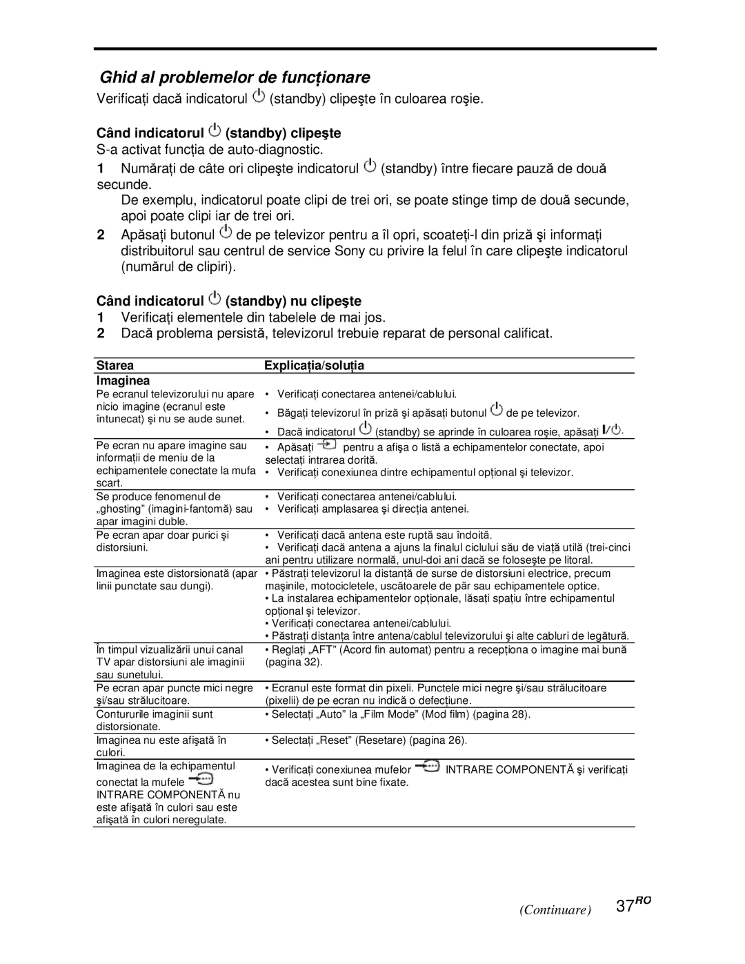 Sony KDL-52V4000/52V42xx manual Ghid al problemelor de funcionare, Când indicatorul standby clipeẟte, Continuare 37RO 