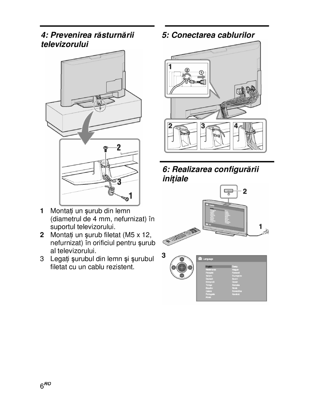 Sony KDL-46V4000/46V42xx, KDL-40V4000/40V42xx manual Prevenirea r ăsturn ării, Televizorului Realizarea configurării iniiale 