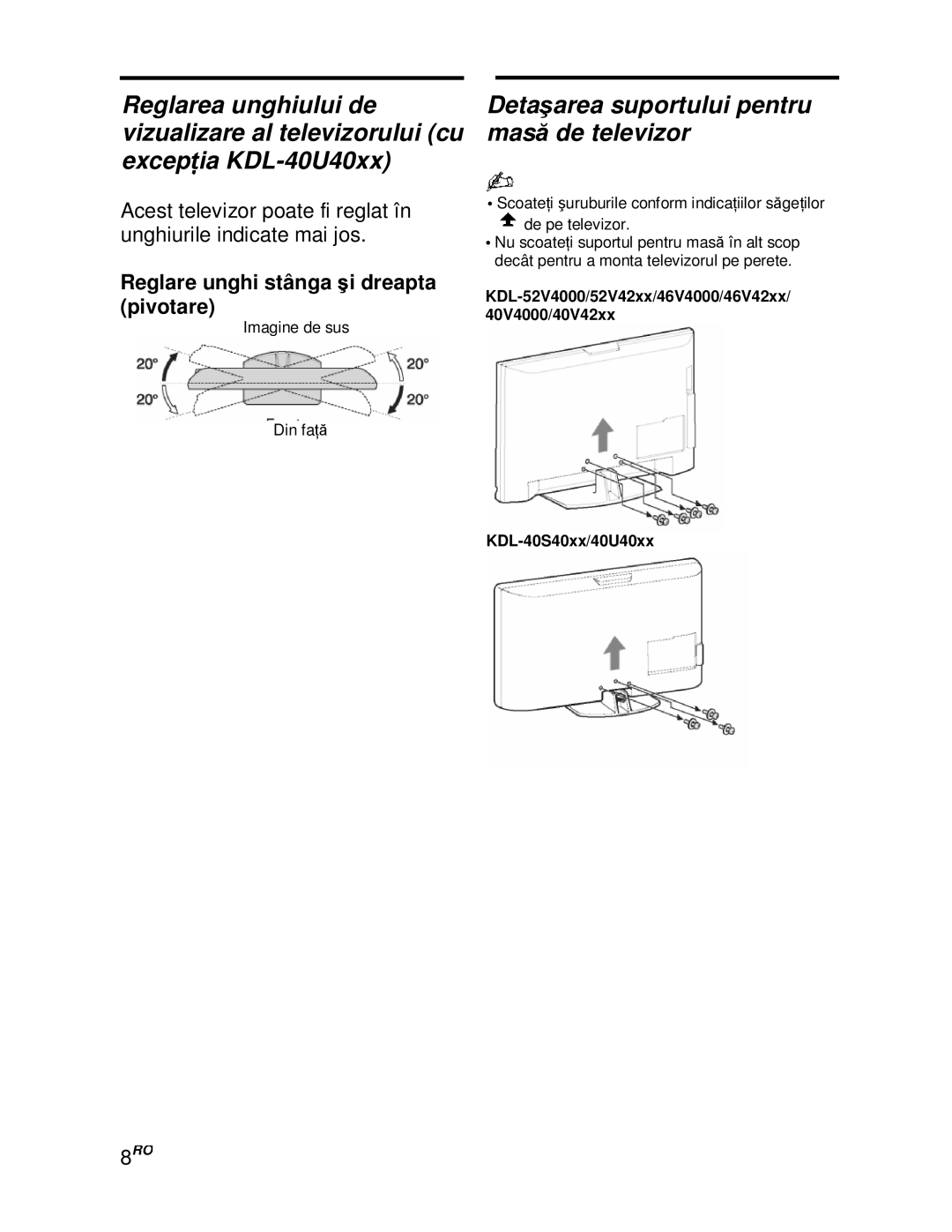 Sony KDL-40V4000/40V42xx manual Detaẟarea suportului pentru masă de televizor, Imagine de sus Din faă, KDL-40S40xx/40U40xx 