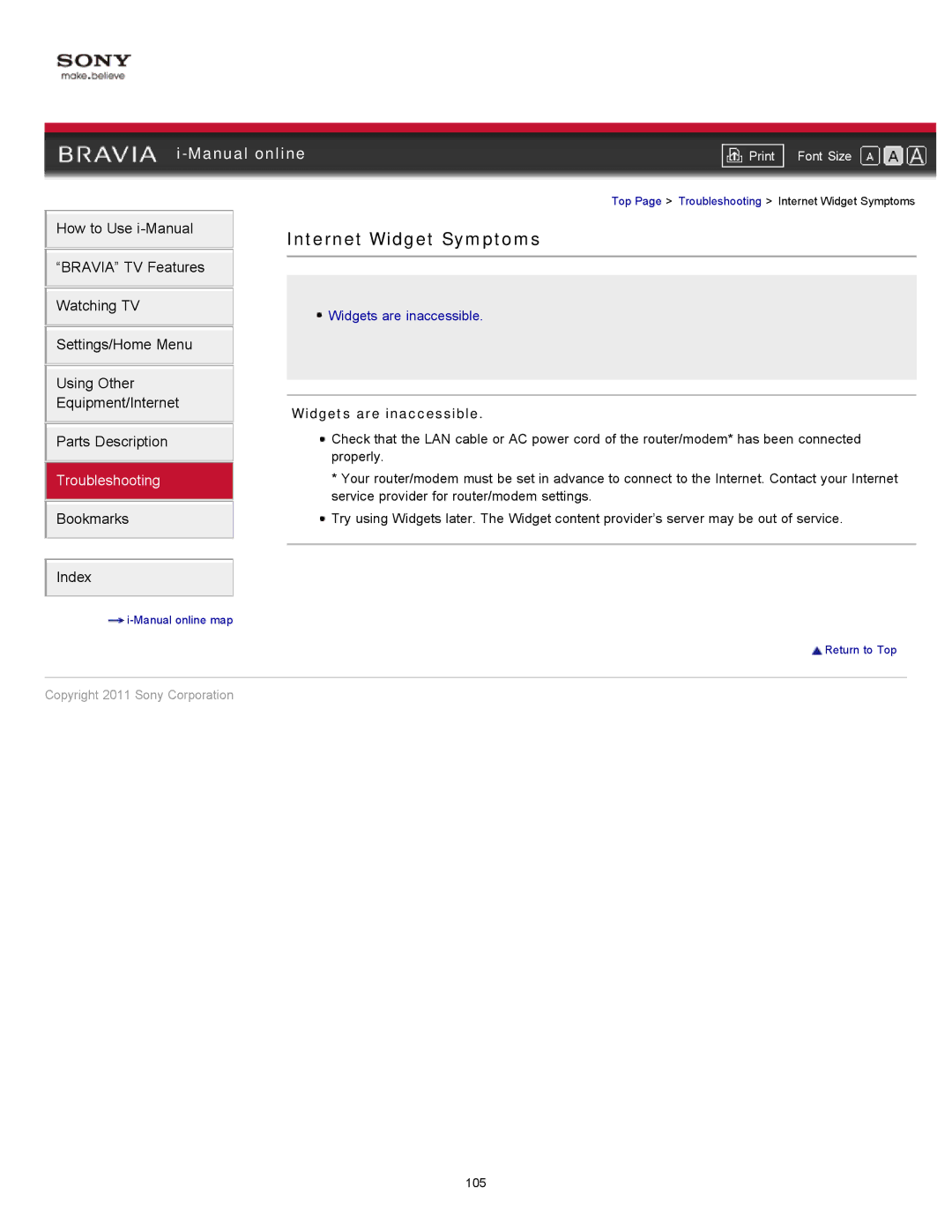 Sony KDL-55HX729, KDL-46HX729 manual Internet Widget Symptoms, Widgets are inaccessible 