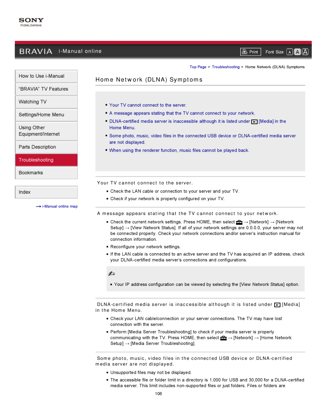 Sony KDL-46HX729, KDL-55HX729 manual Home Network Dlna Symptoms, Your TV cannot connect to the server 