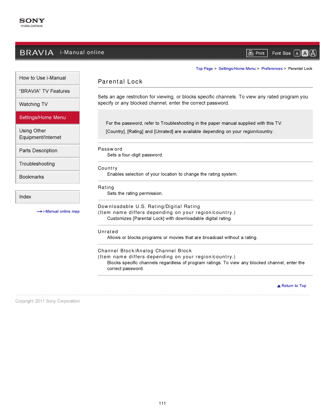 Sony KDL-55HX729, KDL-46HX729 manual Parental Lock 