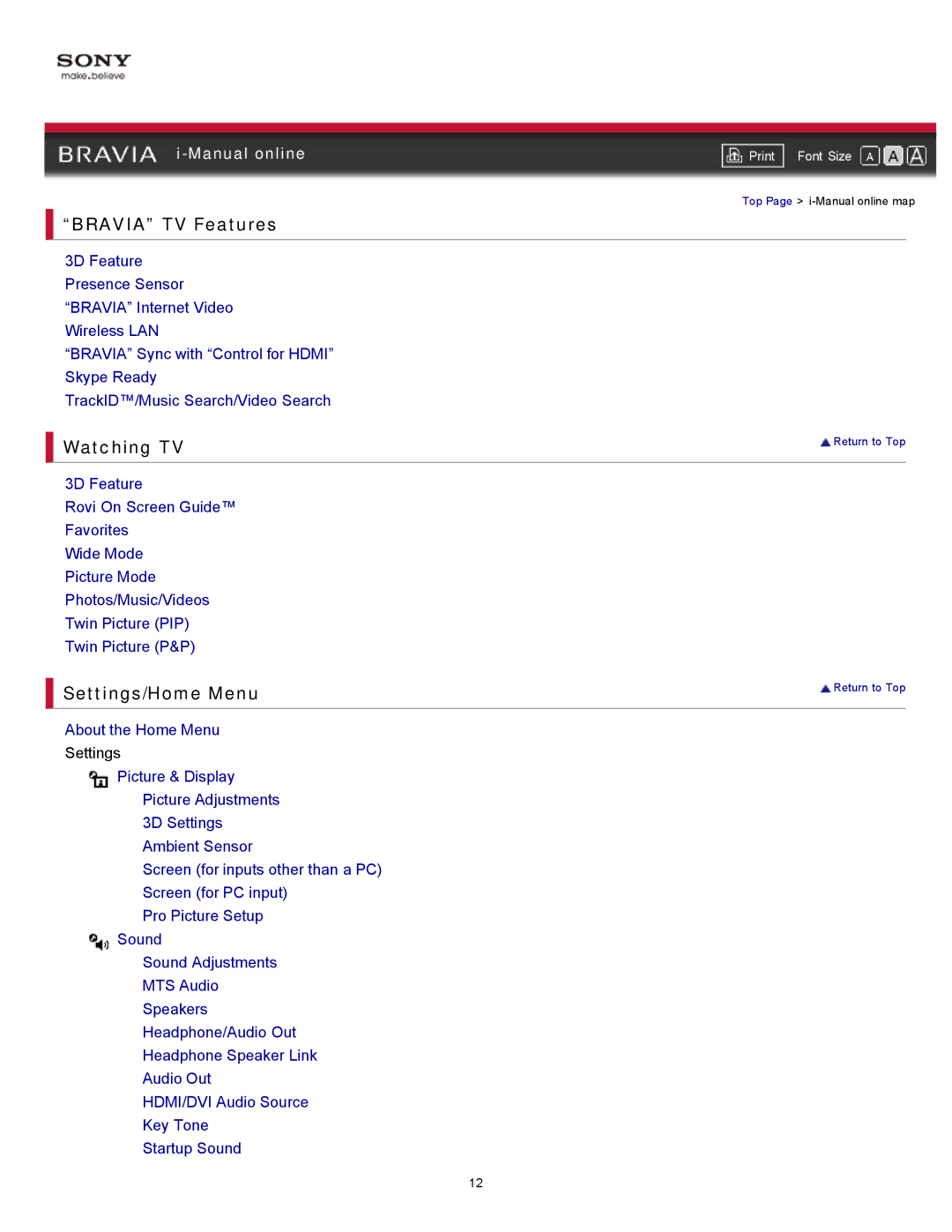 Sony KDL-46HX729, KDL-55HX729 manual Top Page i-Manual online map 