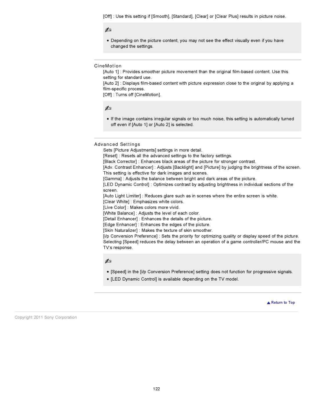 Sony KDL-46HX729, KDL-55HX729 manual CineMotion, Advanced Settings 