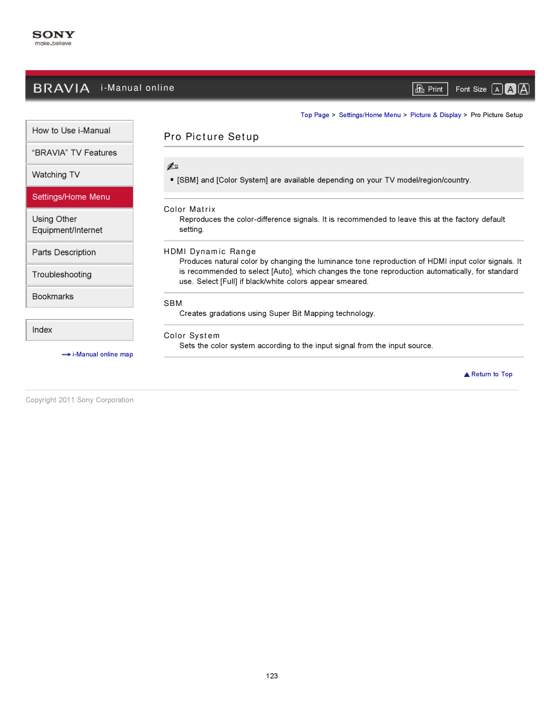 Sony KDL-55HX729, KDL-46HX729 manual Pro Picture Setup, Color Matrix, Hdmi Dynamic Range, Sbm 