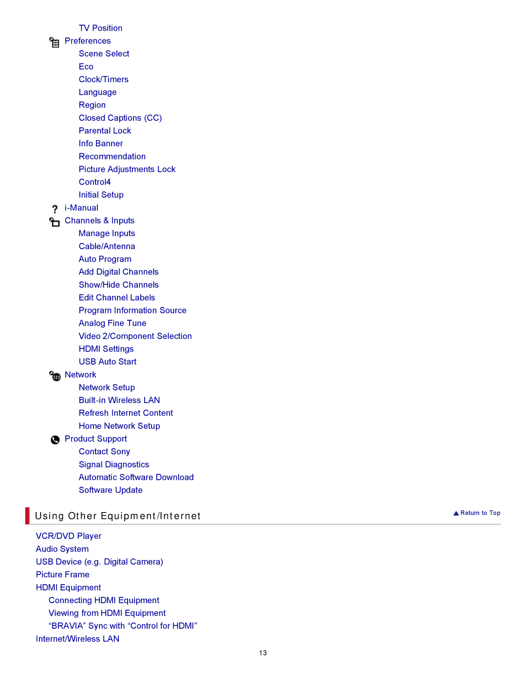 Sony KDL-55HX729, KDL-46HX729 manual Using Other Equipment/Internet 