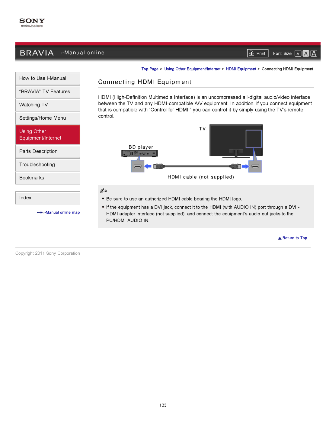 Sony KDL-55HX729, KDL-46HX729 manual Connecting Hdmi Equipment, BD player 