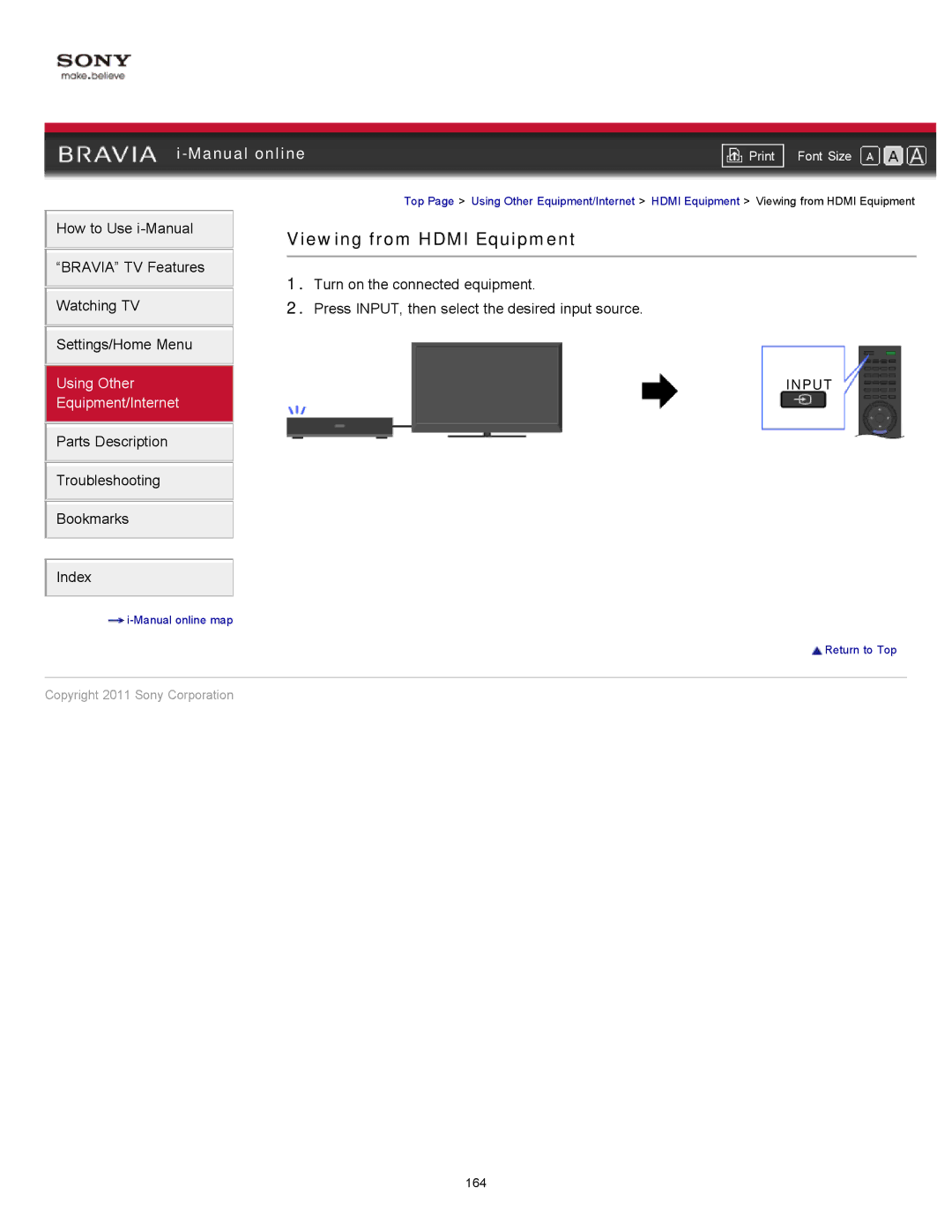 Sony KDL-46HX729, KDL-55HX729 manual Viewing from Hdmi Equipment, Input 