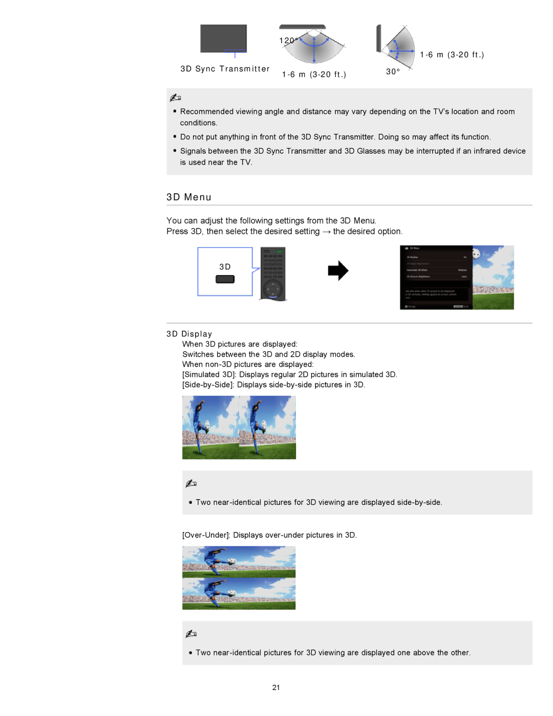 Sony KDL-55HX729, KDL-46HX729 manual 3D Menu, 120 M 3-20 ft 3D Sync Transmitter, 3D Display 