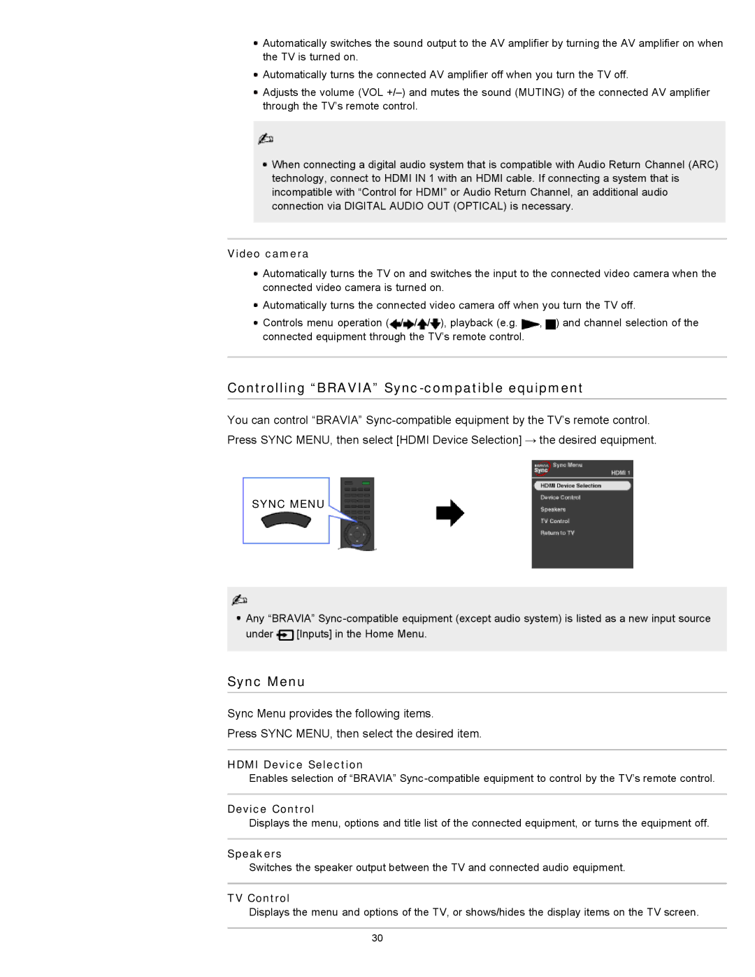 Sony KDL-46HX729, KDL-55HX729 manual Controlling Bravia Sync-compatible equipment, Sync Menu 