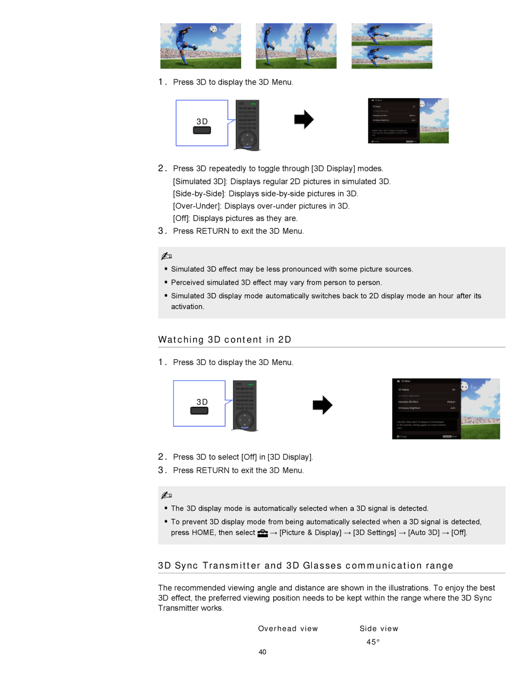 Sony KDL-46HX729, KDL-55HX729 manual Watching 3D content in 2D 