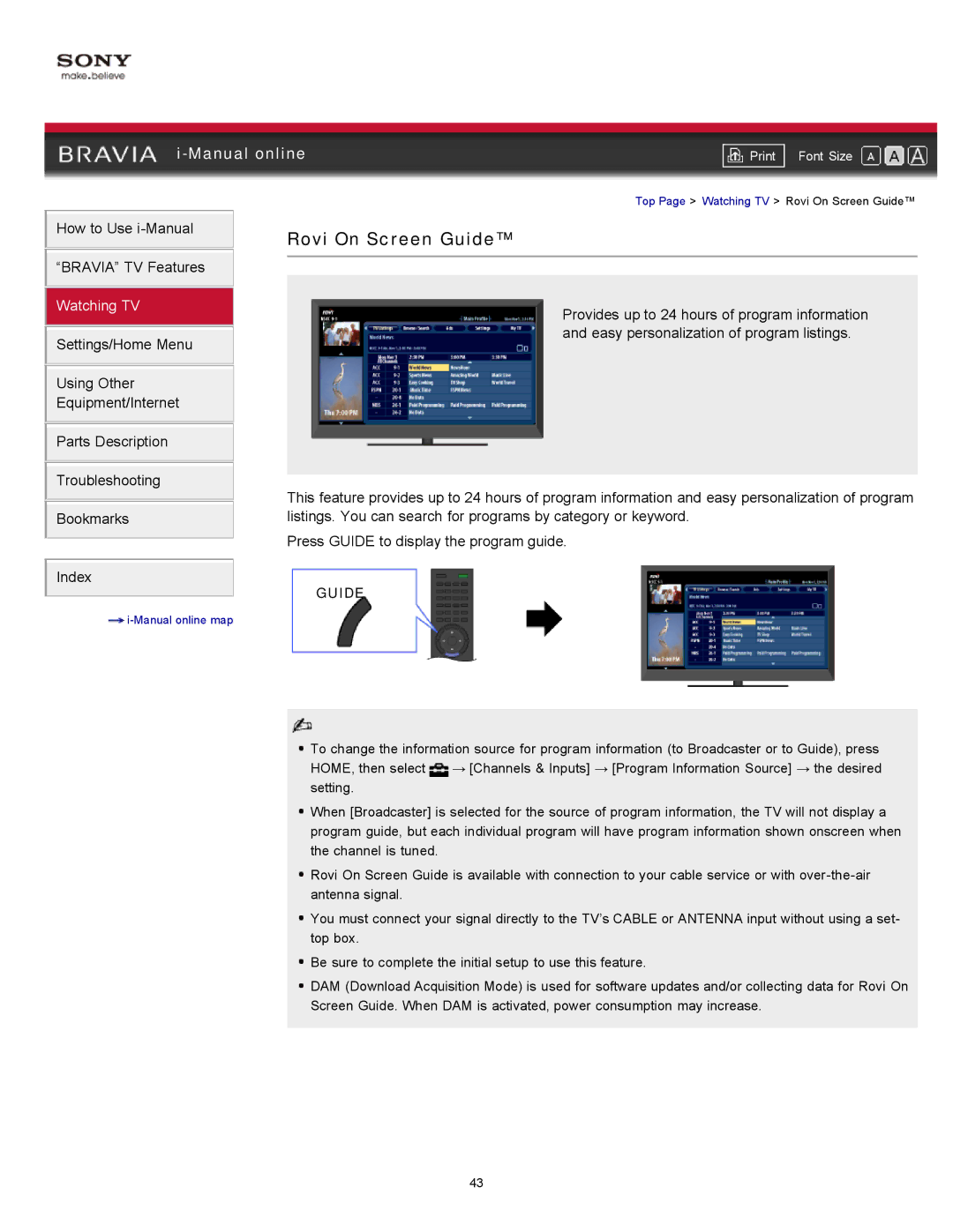 Sony KDL-55HX729, KDL-46HX729 manual Rovi On Screen Guide 