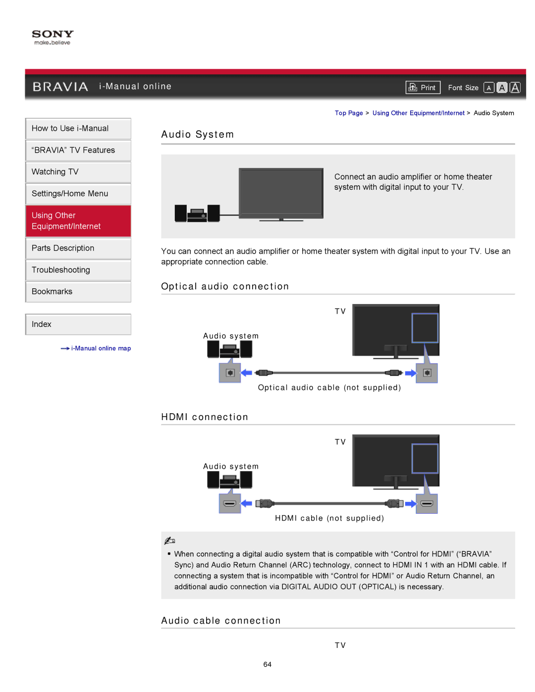 Sony KDL-46HX729 Audio System, Optical audio connection, Audio cable connection, Audio system Hdmi cable not supplied 