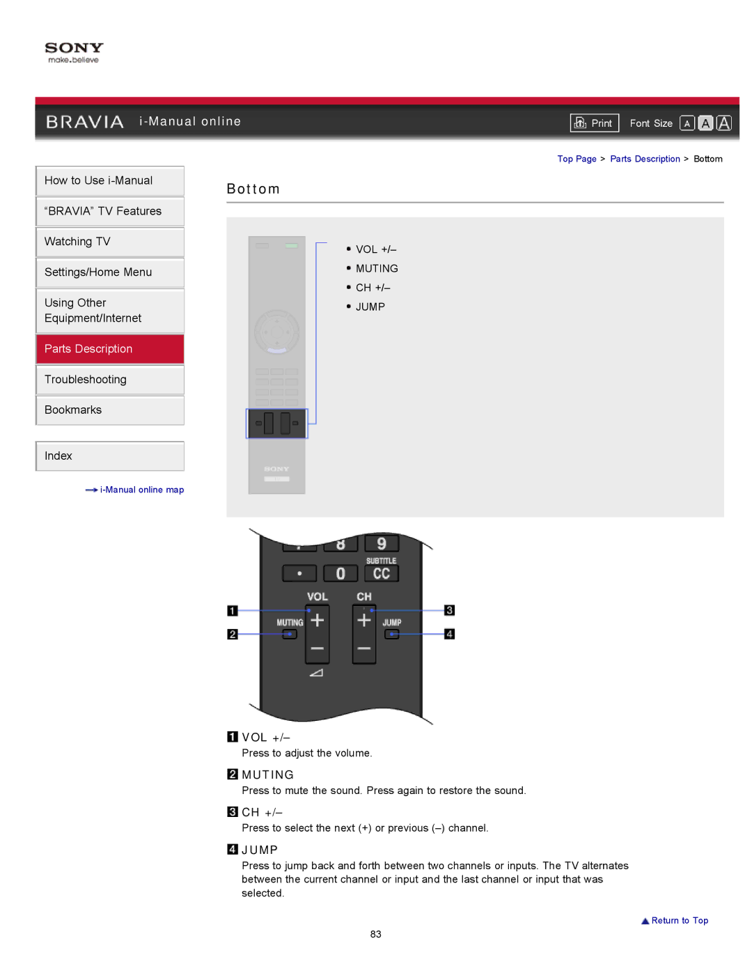 Sony KDL-55HX729, KDL-46HX729 manual Bottom, Vol +, Muting, Ch +, Jump 