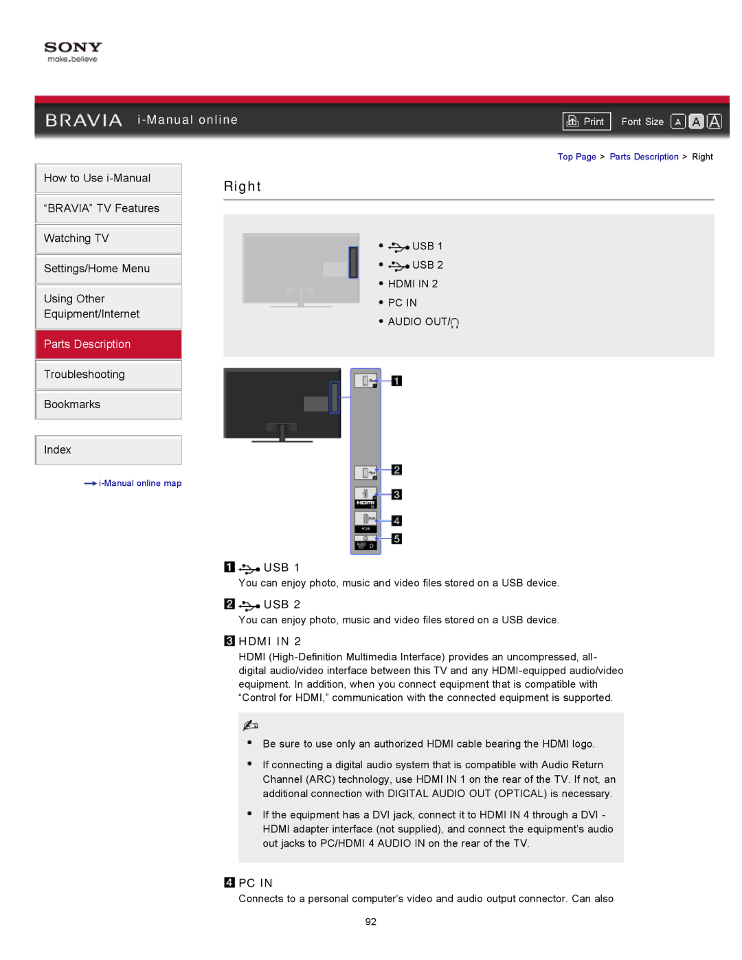 Sony KDL-46HX729, KDL-55HX729 manual Usb, Hdmi 