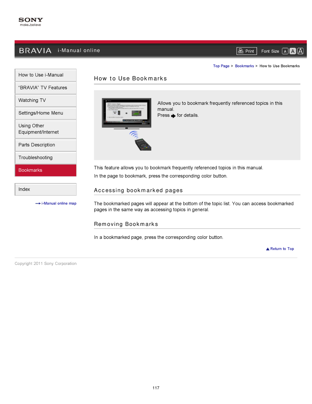 Sony KDL-55HX820, KDL-46HX820 manual How to Use Bookmarks, Accessing bookmarked pages, Removing Bookmarks 