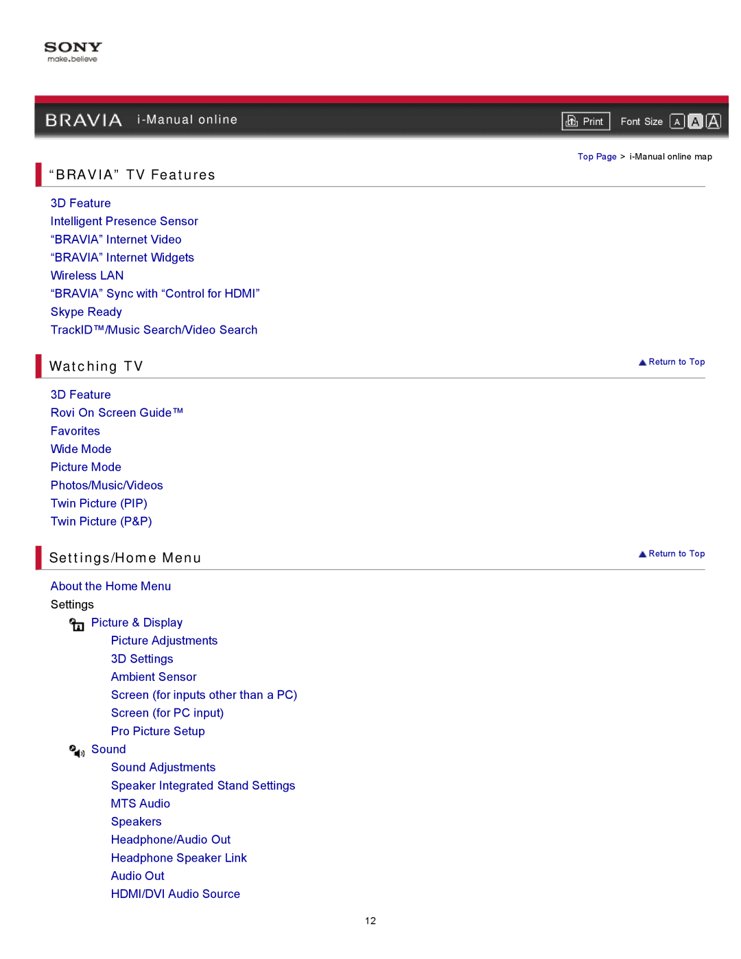 Sony KDL-46HX820, KDL-55HX820 manual Top Page i-Manual online map 