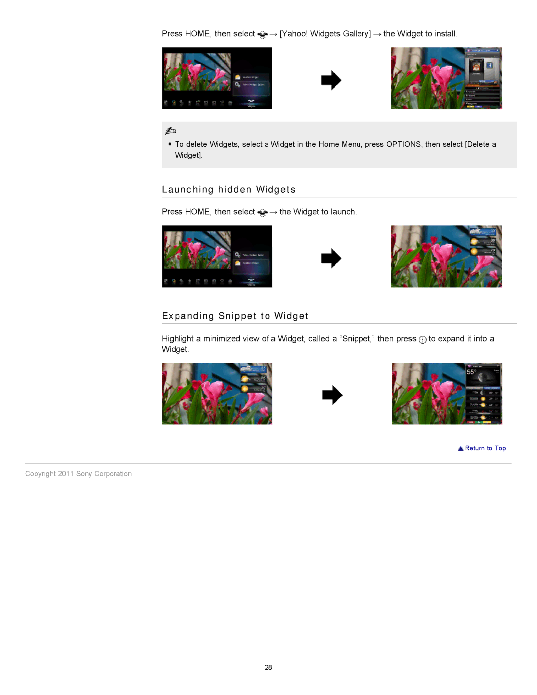 Sony KDL-46HX820, KDL-55HX820 manual Launching hidden Widgets, Expanding Snippet to Widget 