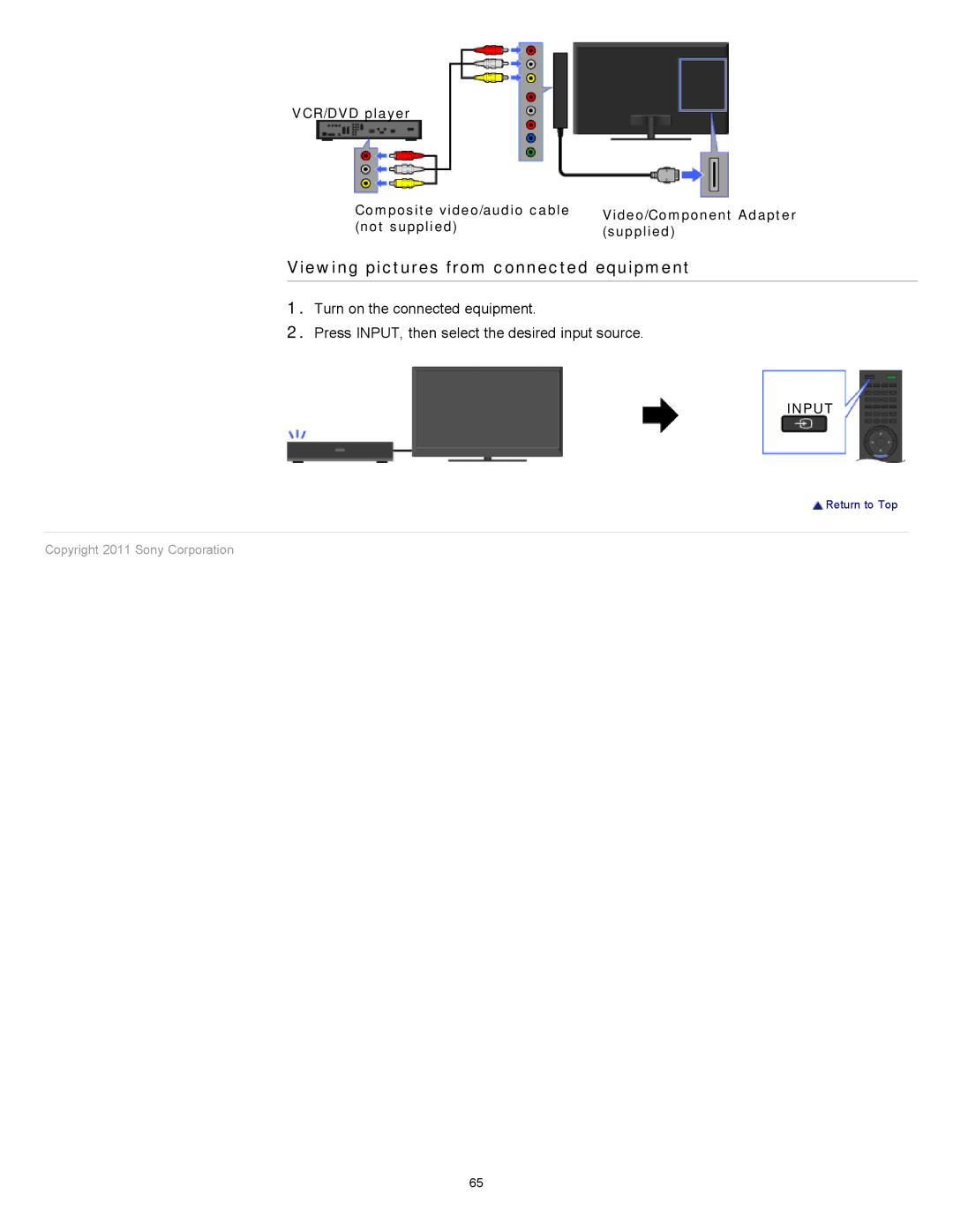 Sony KDL-55HX820, KDL-46HX820 Viewing pictures from connected equipment, VCR/DVD player Composite video/audio cable, Input 