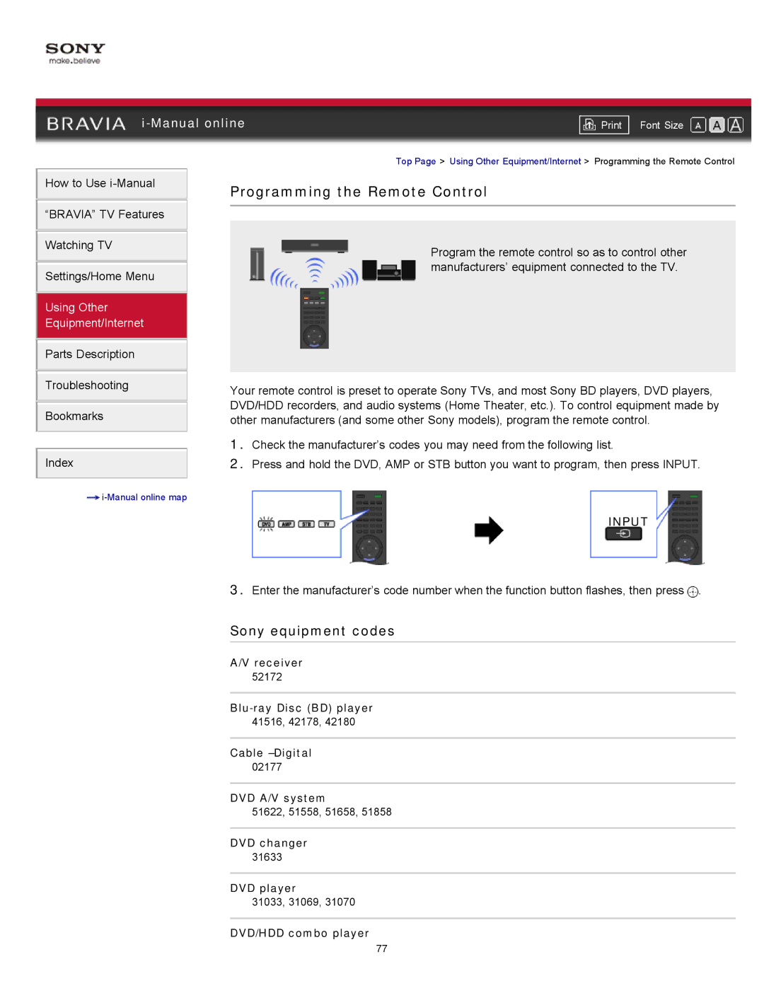 Sony KDL-55HX820, KDL-46HX820 manual Programming the Remote Control, Sony equipment codes 