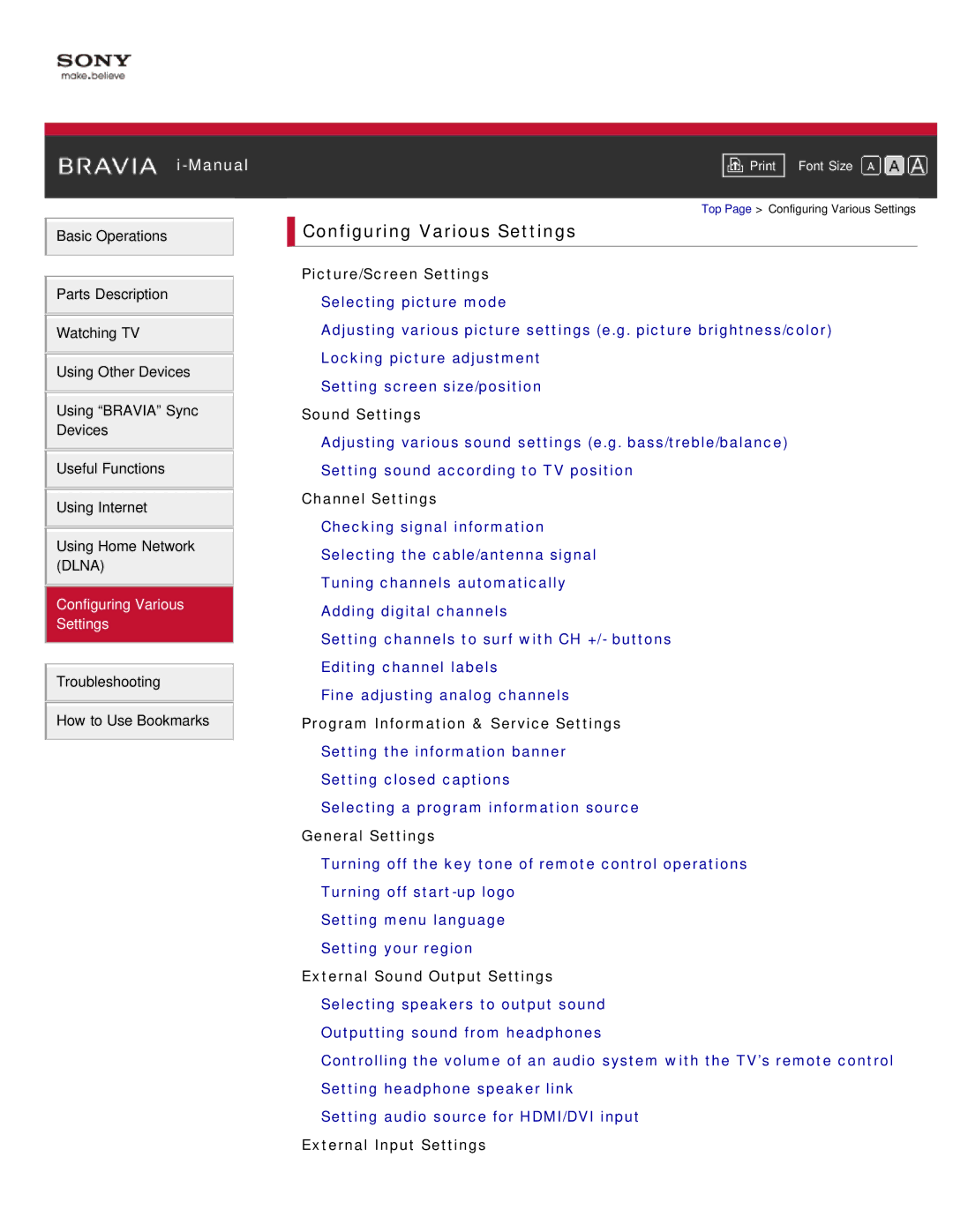 Sony KDL-46HX850 manual Configuring Various Settings, Picture/Screen Settings Selecting picture mode, Channel Settings 