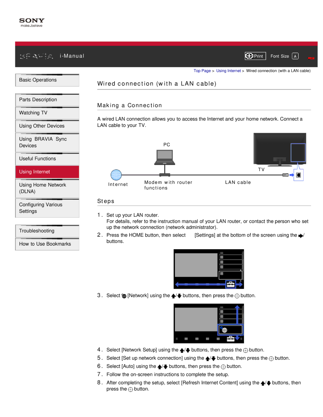 Sony KDL-55HX850, KDL-46HX850 manual Wired connection with a LAN cable, Internet Modem with router, Functions 