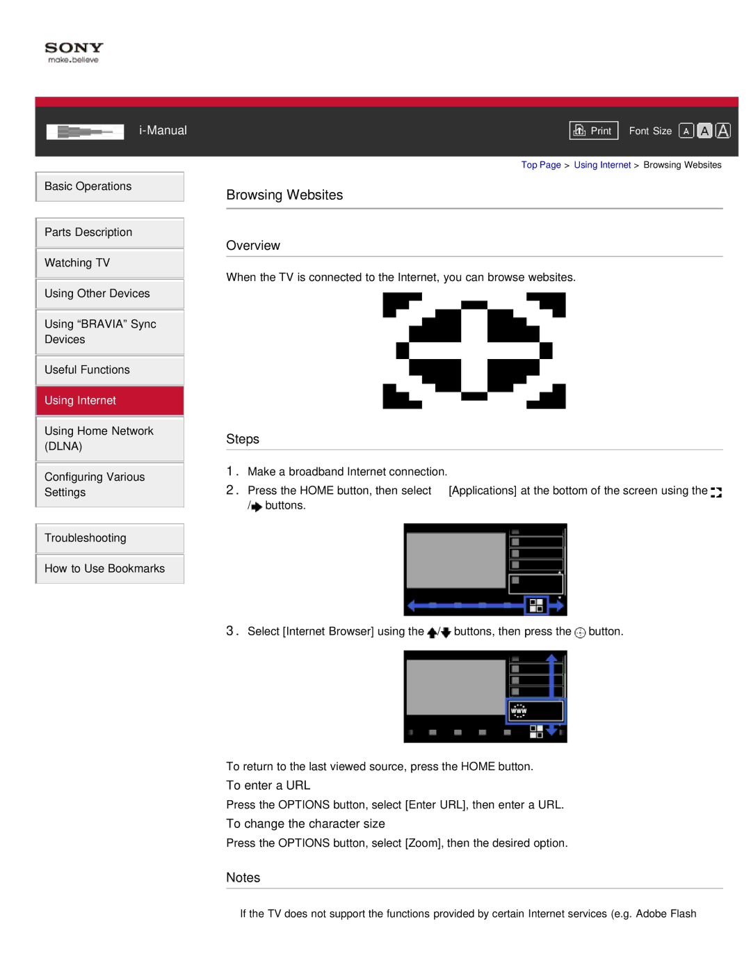 Sony KDL-55HX850, KDL-46HX850 manual Browsing Websites, To enter a URL, To change the character size 