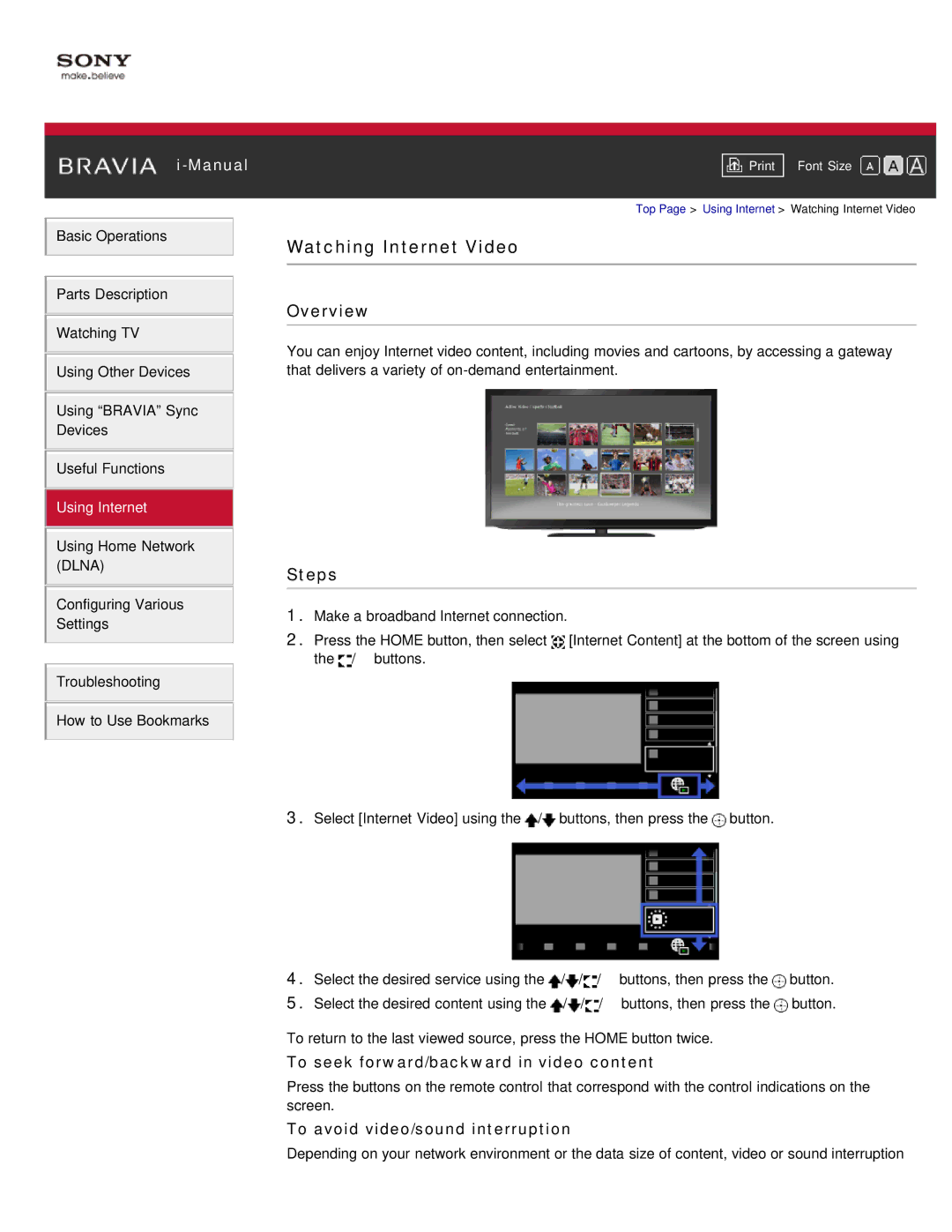 Sony KDL-55HX850 Watching Internet Video, To seek forward/backward in video content, To avoid video/sound interruption 