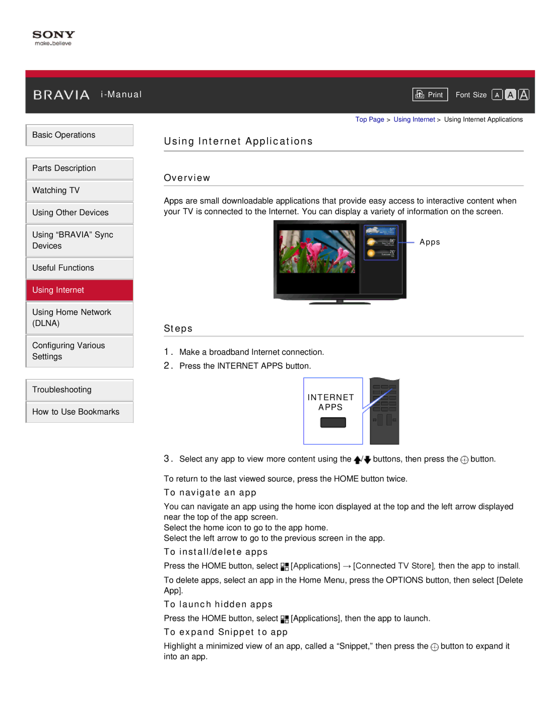 Sony KDL-55HX850 manual Using Internet Applications, To navigate an app, To install/delete apps, To launch hidden apps 