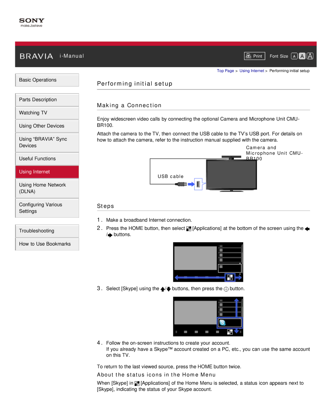 Sony KDL-55HX850, KDL-46HX850 manual Performing initial setup, About the status icons in the Home Menu 