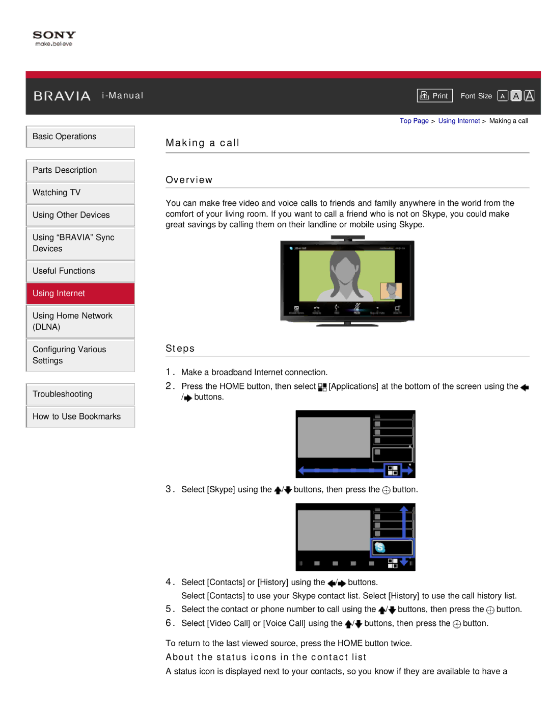 Sony KDL-55HX850, KDL-46HX850 manual Making a call, About the status icons in the contact list 