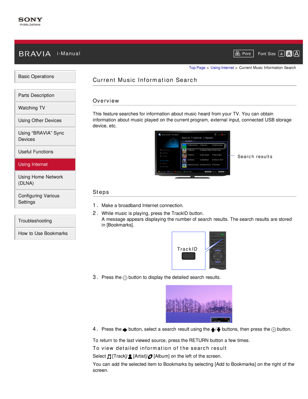 Sony KDL-46HX850 manual Current Music Information Search, To view detailed information of the search result, Search results 