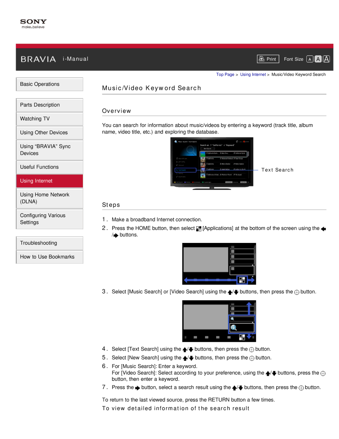 Sony KDL-46HX850, KDL-55HX850 manual Music/Video Keyword Search, Text Search 