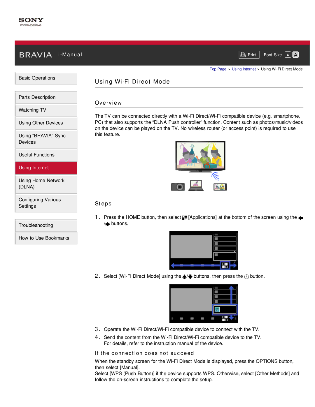 Sony KDL-46HX850, KDL-55HX850 manual Using Wi-Fi Direct Mode, If the connection does not succeed 