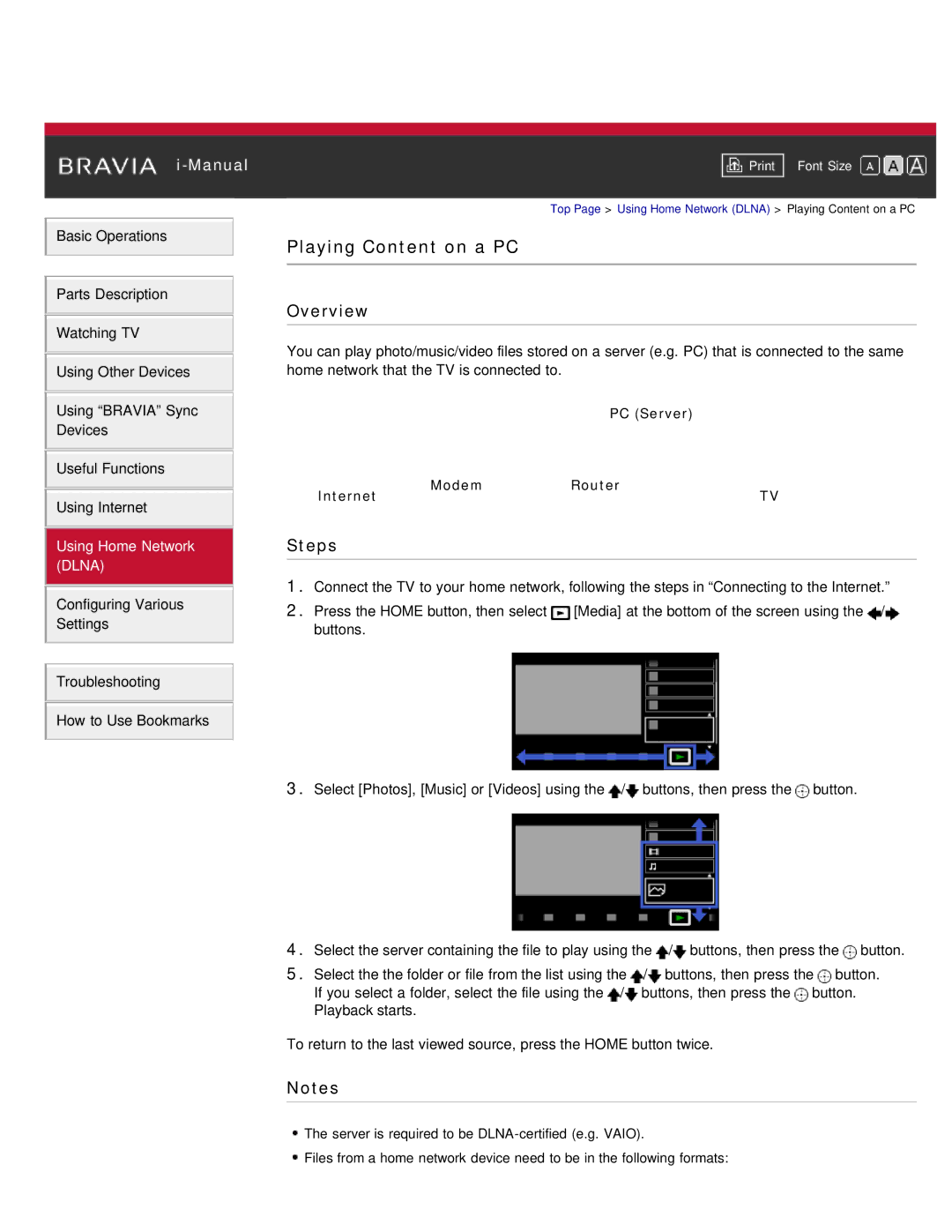 Sony KDL-46HX850, KDL-55HX850 manual Playing Content on a PC, PC Server Internet Modem Router 