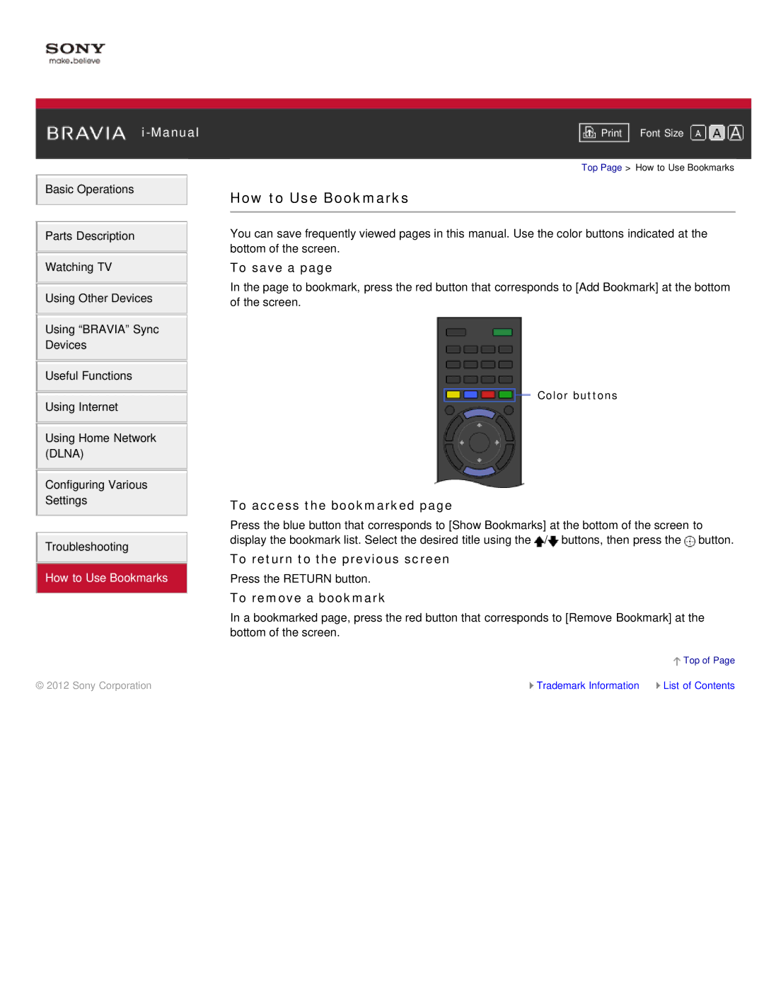 Sony KDL-55HX850, KDL-46HX850 How to Use Bookmarks, To save a, To access the bookmarked, To return to the previous screen 