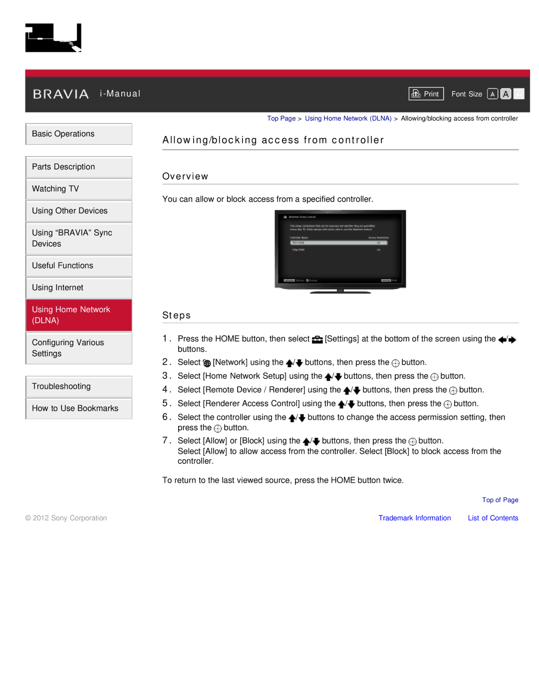 Sony KDL-46HX850, KDL-55HX850 manual Allowing/blocking access from controller 