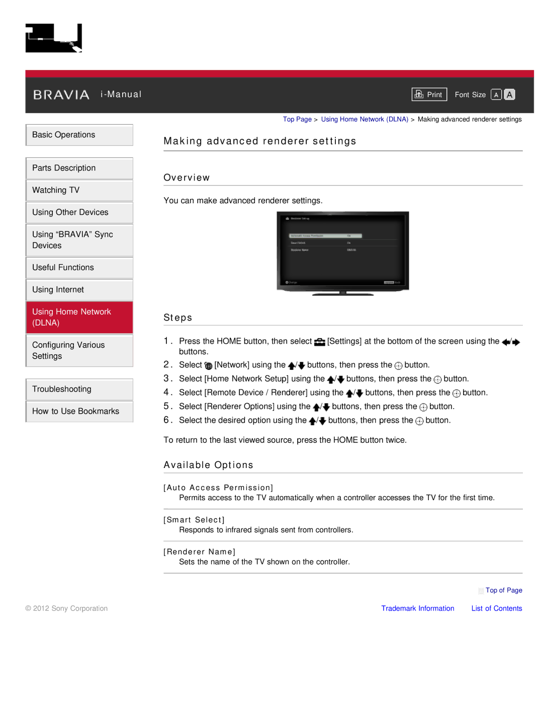 Sony KDL-55HX850, KDL-46HX850 manual Making advanced renderer settings, Auto Access Permission, Smart Select, Renderer Name 