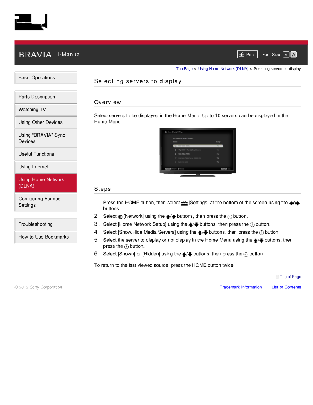 Sony KDL-46HX850, KDL-55HX850 manual Selecting servers to display 