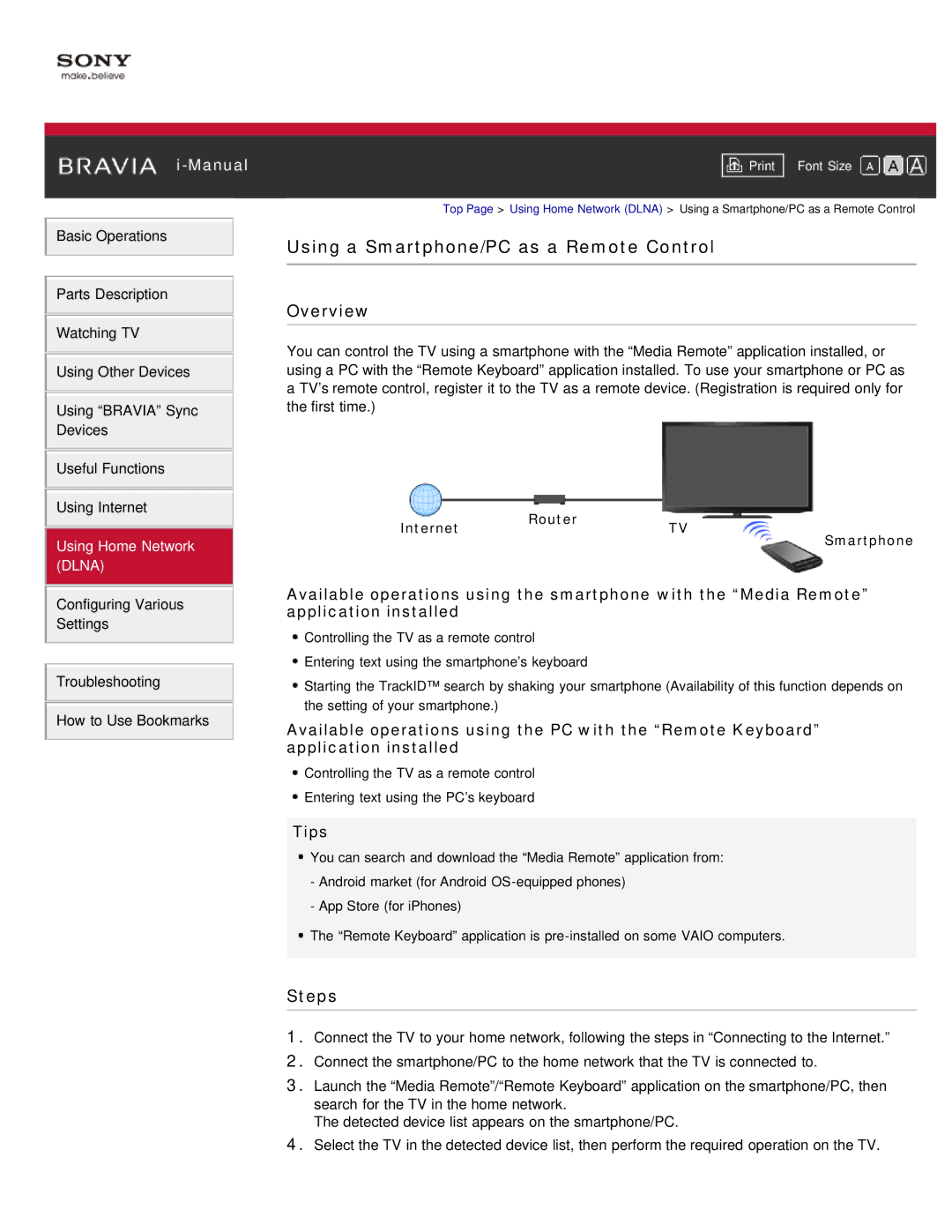 Sony KDL-55HX850, KDL-46HX850 manual Using a Smartphone/PC as a Remote Control, Internet Router 