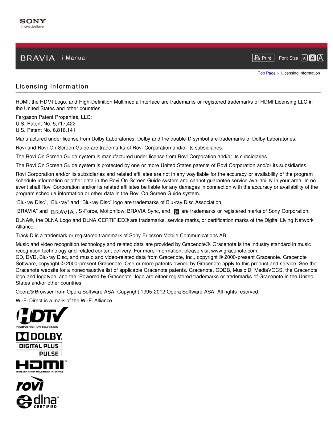 Sony KDL-46HX850, KDL-55HX850 manual Licensing Information 