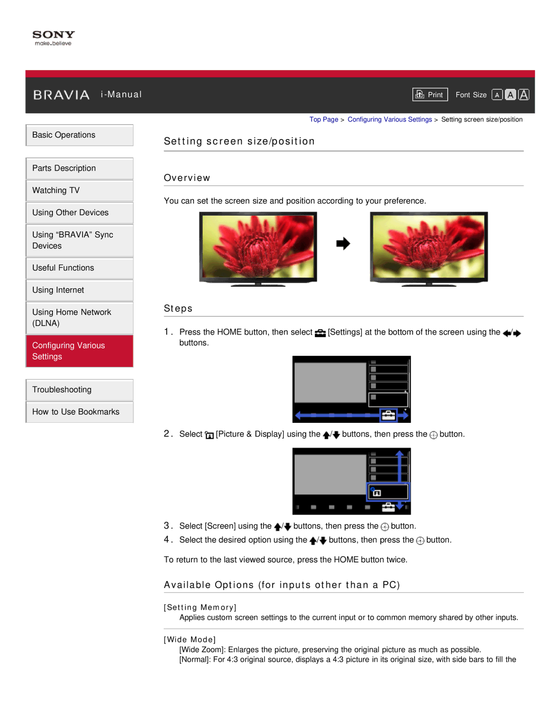 Sony KDL-46HX850, KDL-55HX850 manual Setting screen size/position, Available Options for inputs other than a PC, Wide Mode 