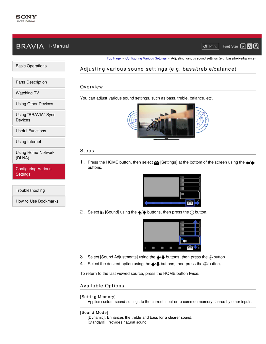 Sony KDL-55HX850, KDL-46HX850 manual Adjusting various sound settings e.g. bass/treble/balance, Sound Mode 