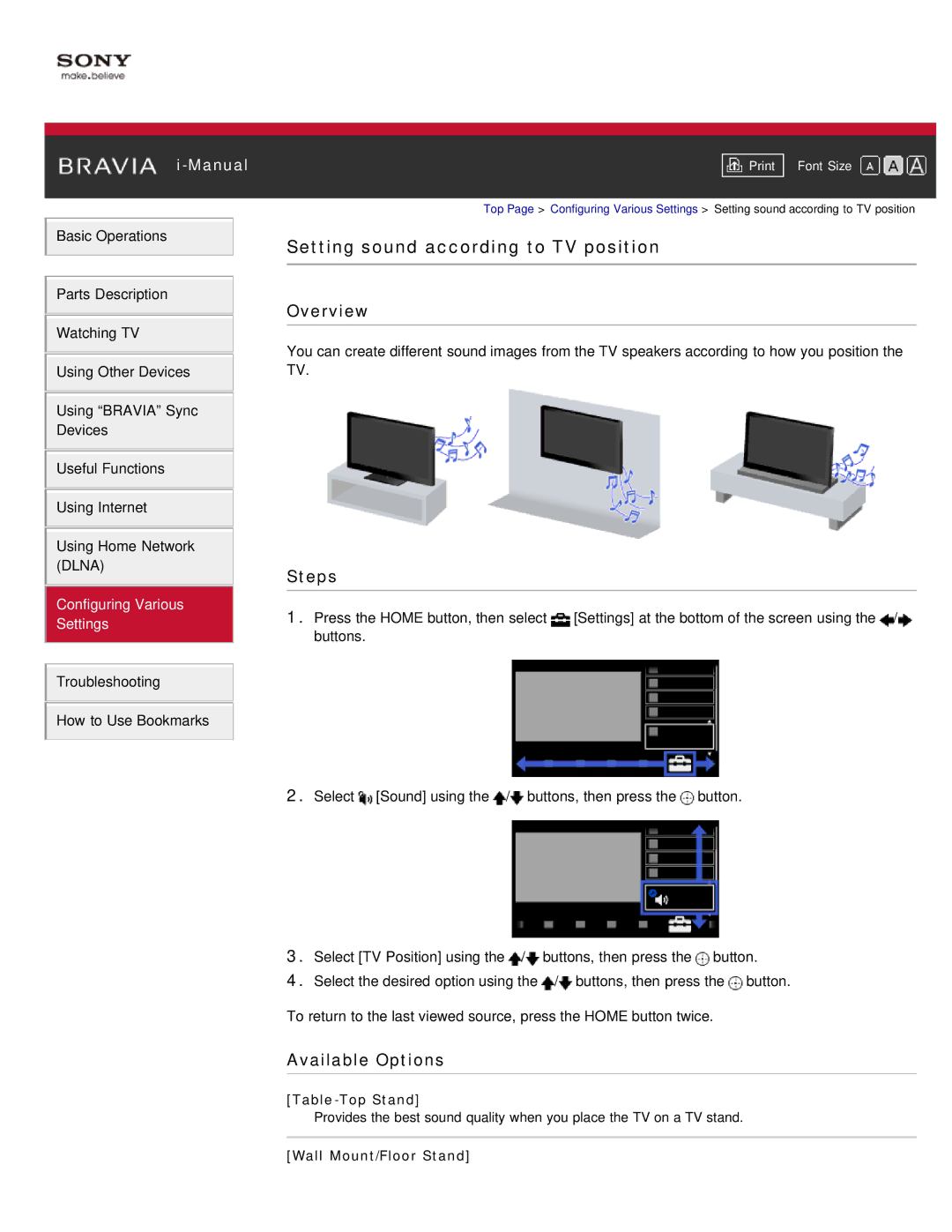 Sony KDL-55HX850, KDL-46HX850 manual Setting sound according to TV position, Table-Top Stand, Wall Mount/Floor Stand 