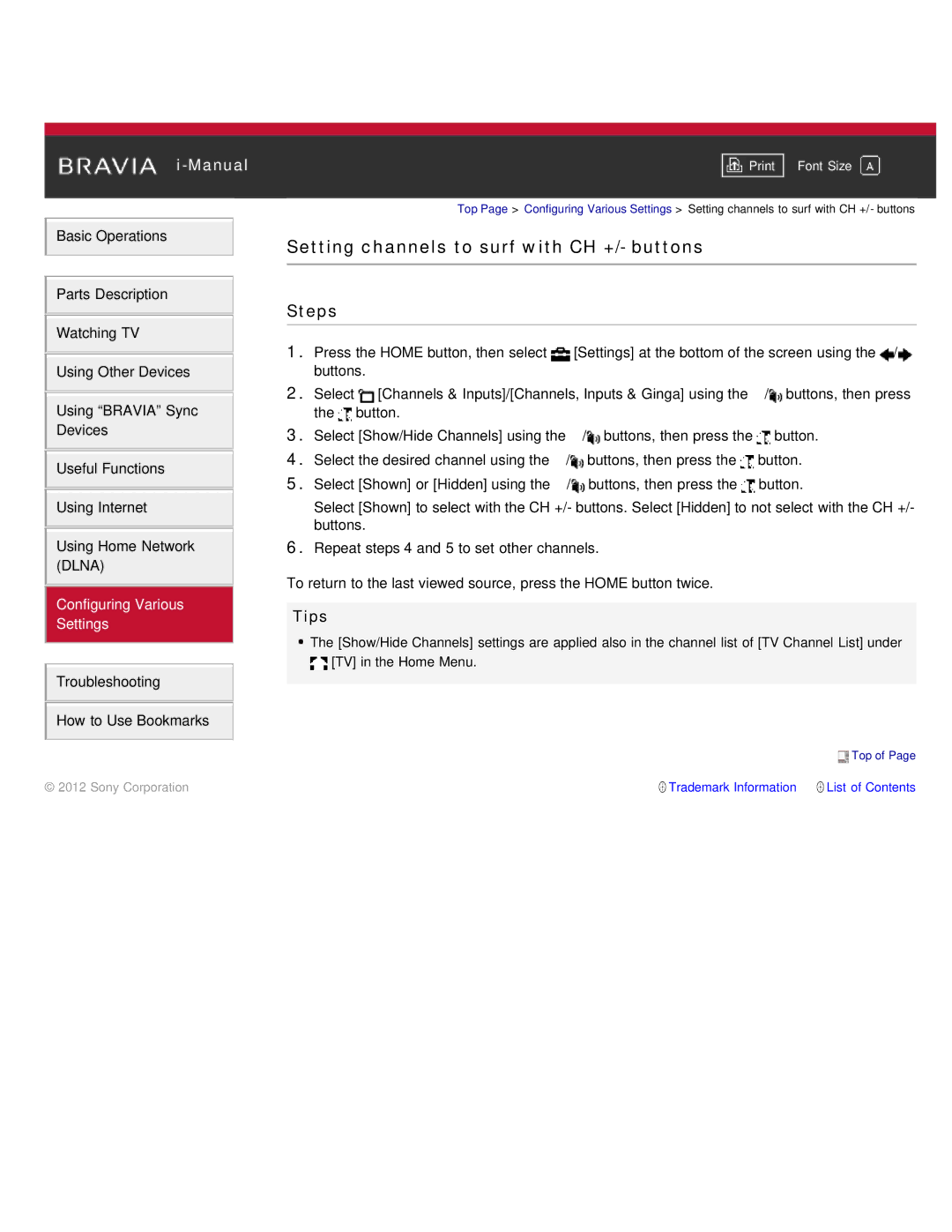 Sony KDL-55HX850, KDL-46HX850 manual Setting channels to surf with CH +/- buttons 