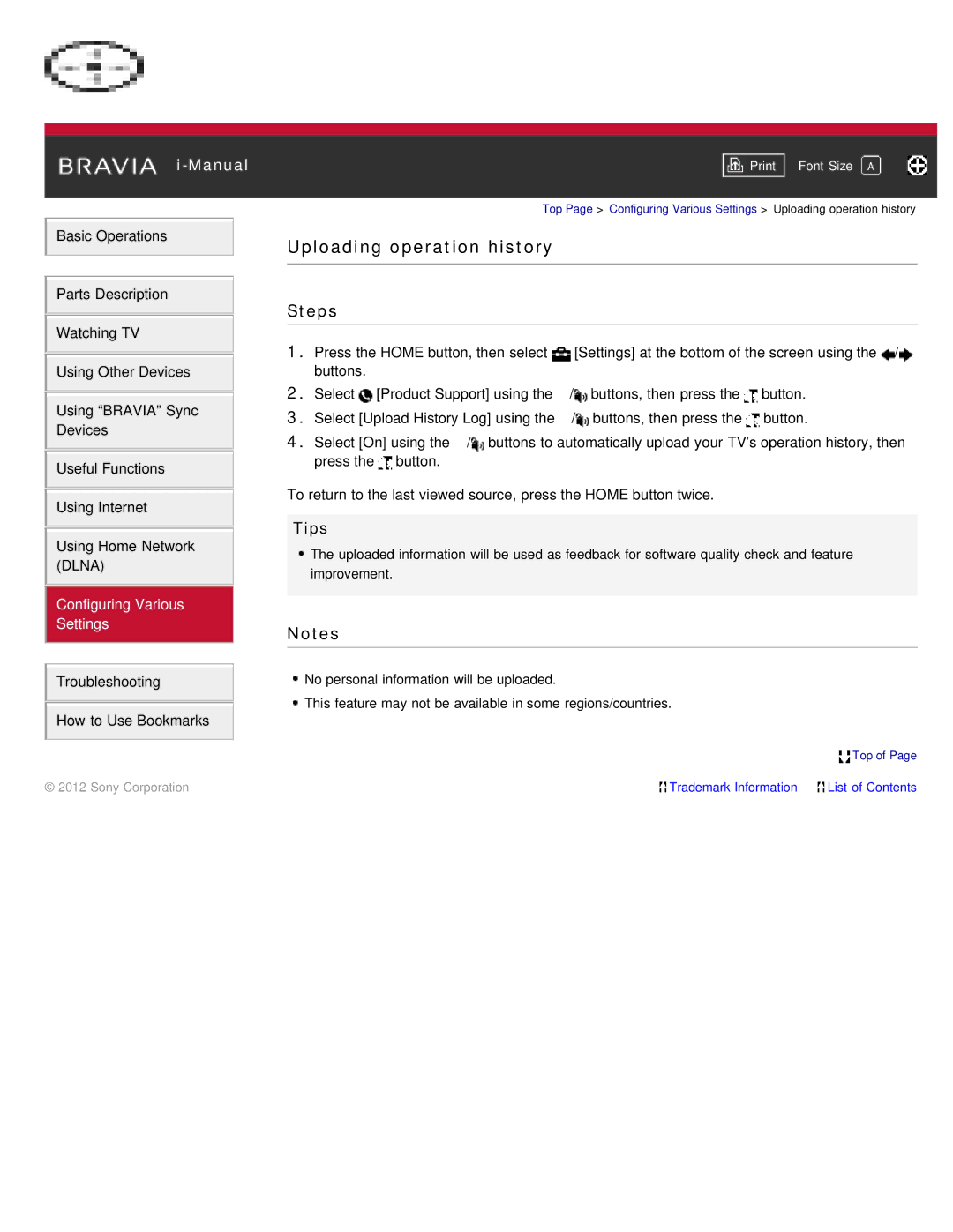 Sony KDL-55HX850, KDL-46HX850 manual Uploading operation history 